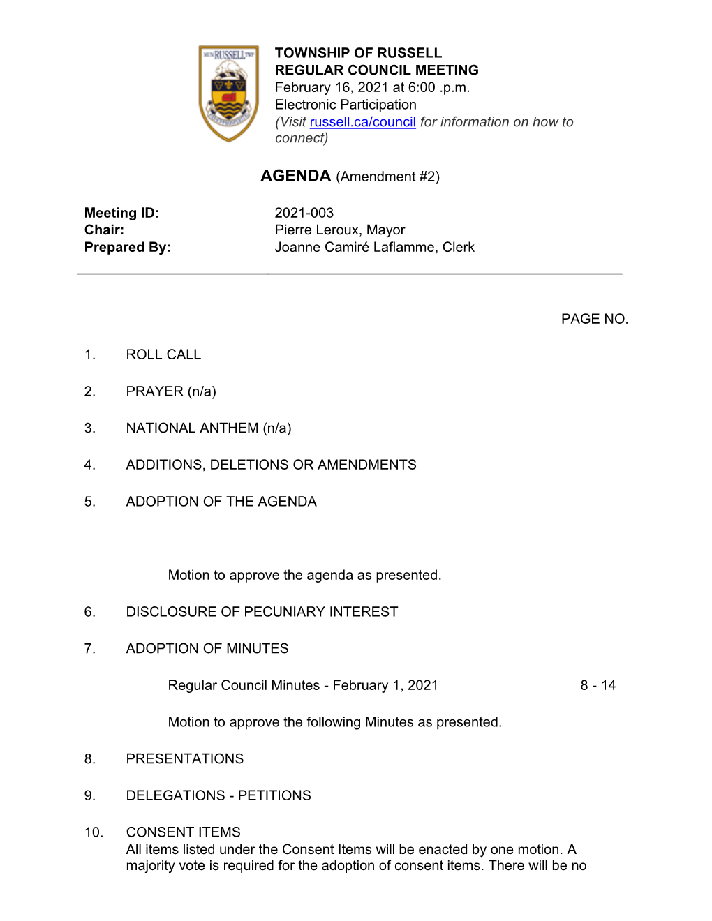 REGULAR COUNCIL MEETING February 16, 2021 at 6:00 .P.M