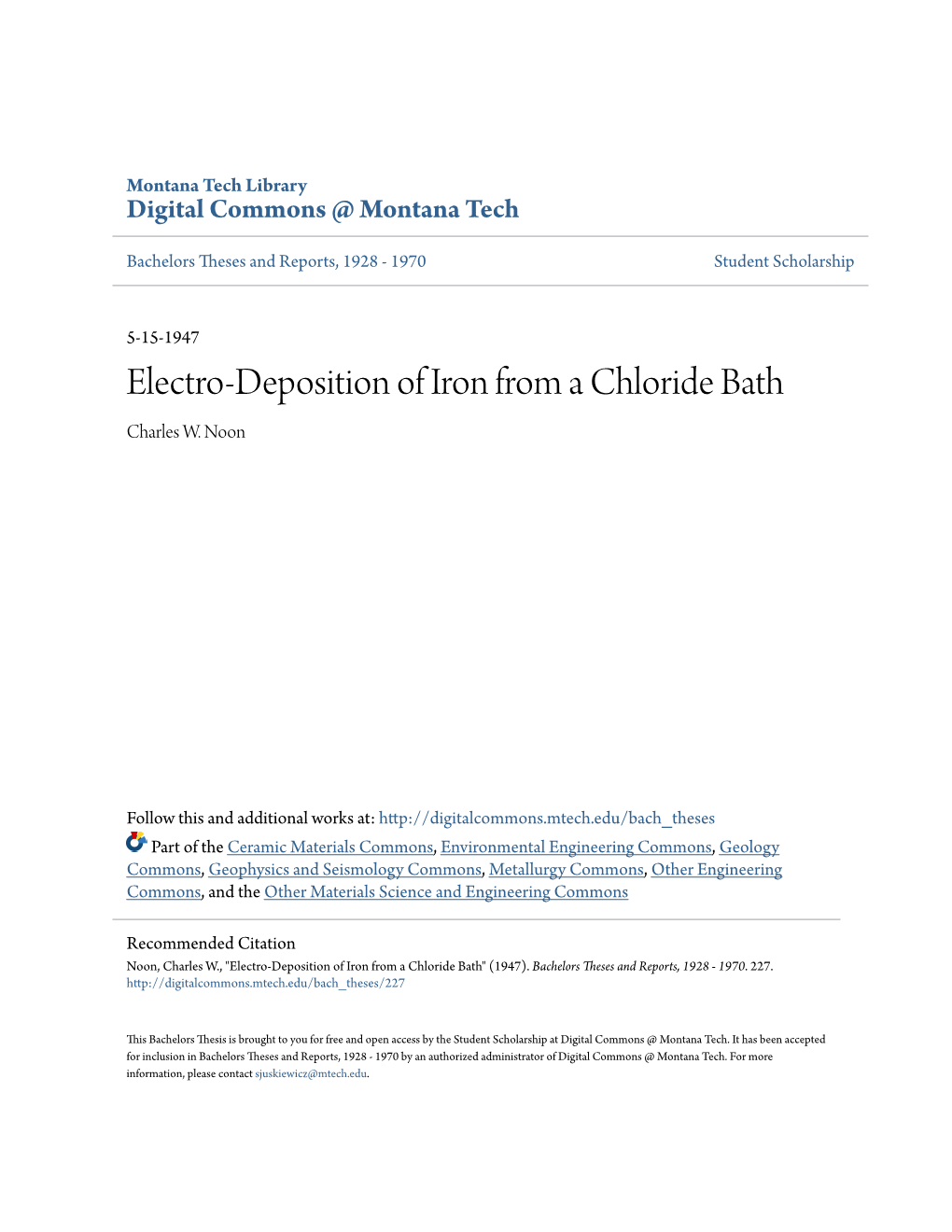 Electro-Deposition of Iron from a Chloride Bath Charles W
