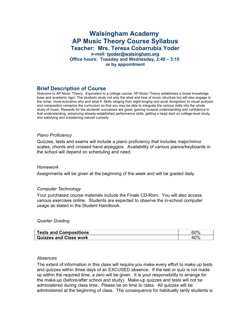 Walsingham Academy AP Music Theory