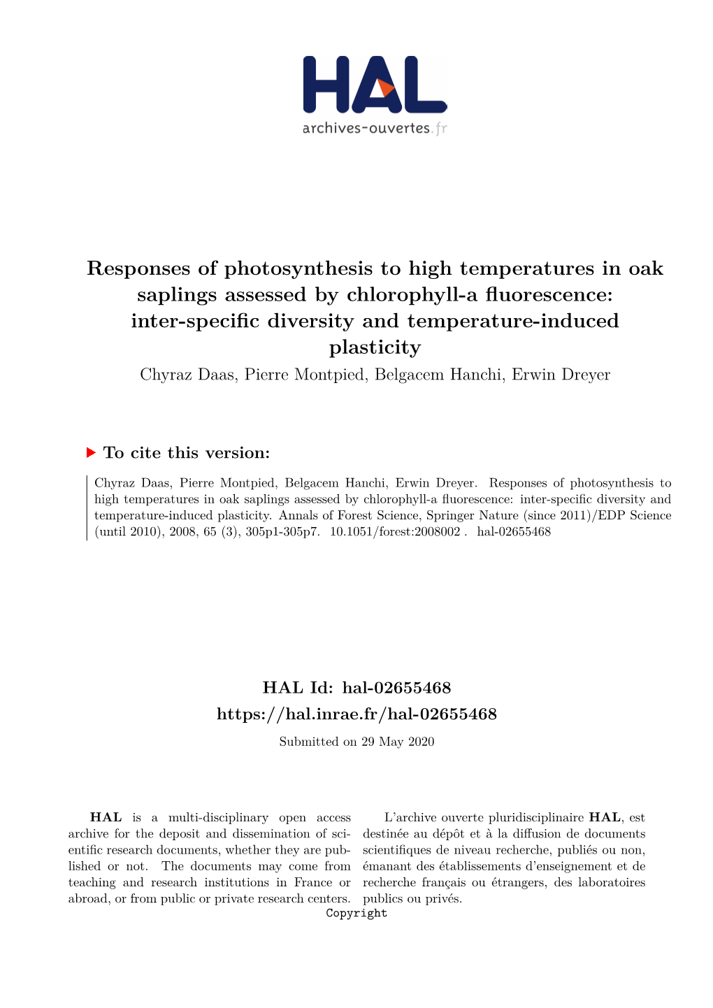 Responses of Photosynthesis to High Temperatures in Oak Saplings Assessed by Chlorophyll-A Fluorescence
