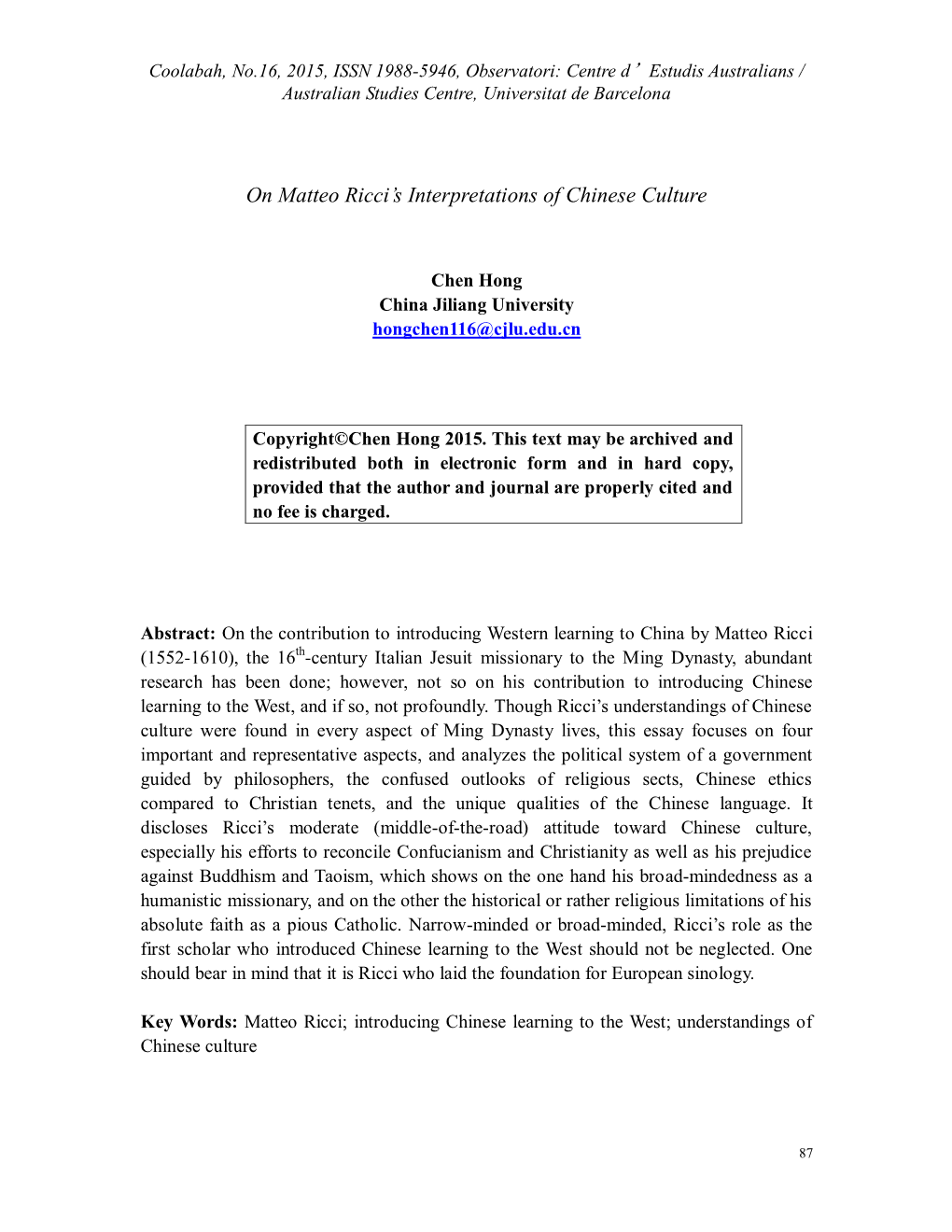 On Matteo Ricci's Interpretations of Chinese Culture