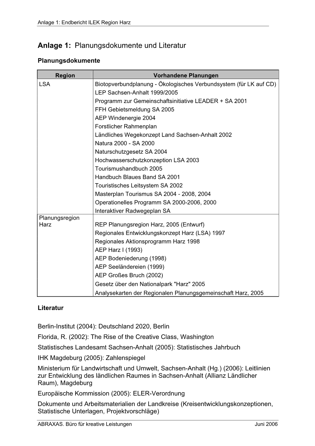 Anlage 1: Planungsdokumente Und Literatur