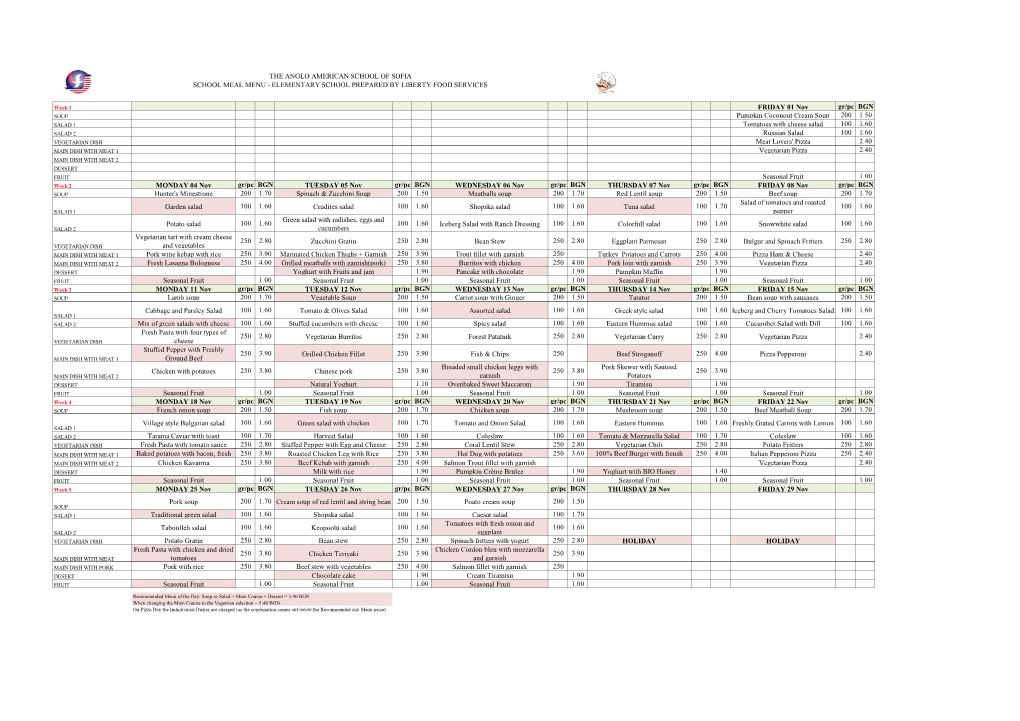 The Anglo American School of Sofia School Meal Menu - Elementary School Prepared by Liberty Food Services