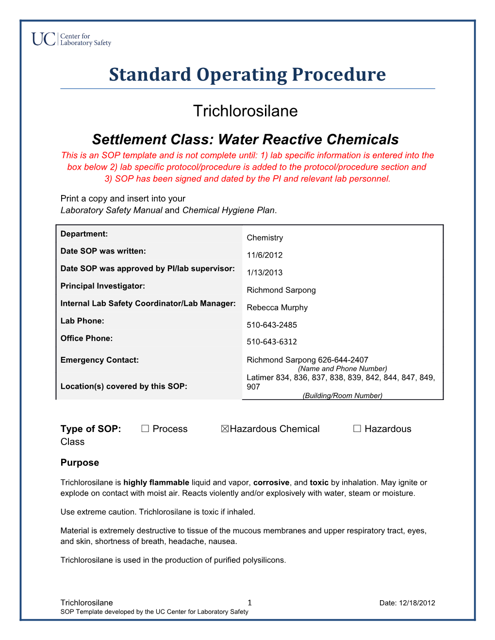 Settlement Class: Water Reactive Chemicals