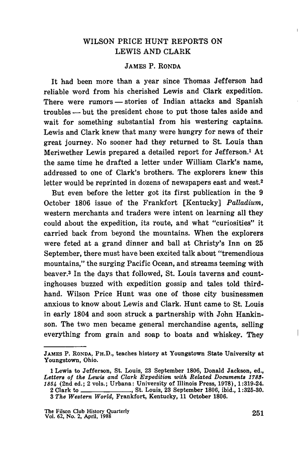 Wilson Price Hunt Reports on Lewis and Clark