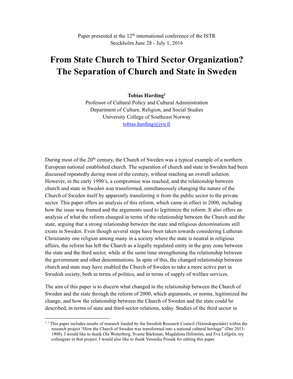 From State Church to Third Sector Organization? the Separation of Church and State in Sweden