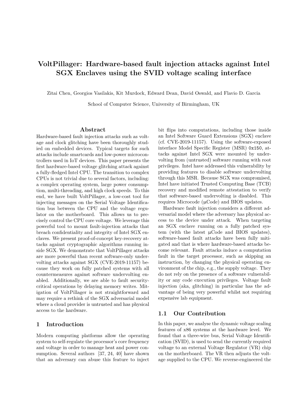 Voltpillager: Hardware-Based Fault Injection Attacks Against Intel SGX Enclaves Using the SVID Voltage Scaling Interface