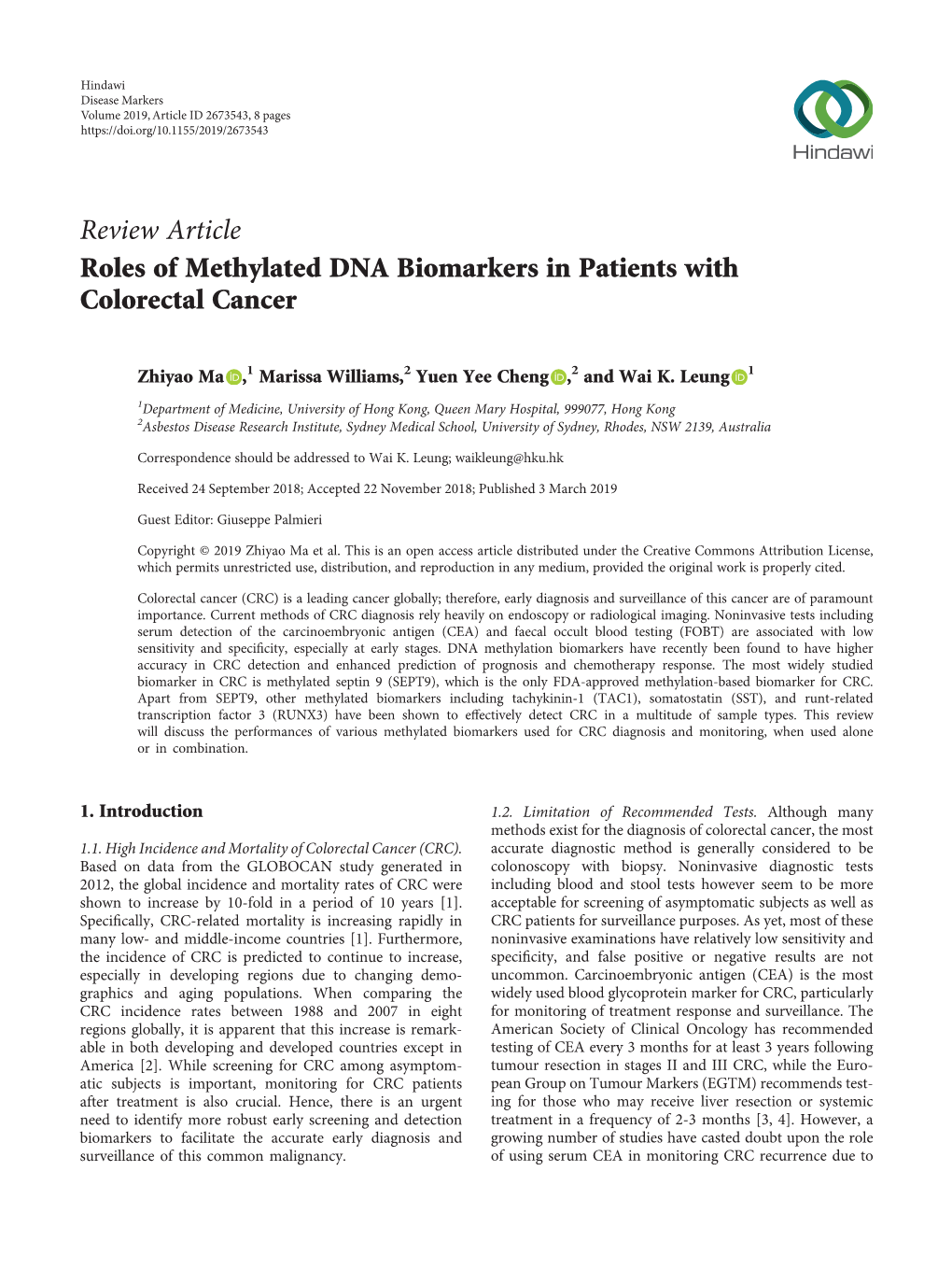Review Article Roles of Methylated DNA Biomarkers in Patients with Colorectal Cancer