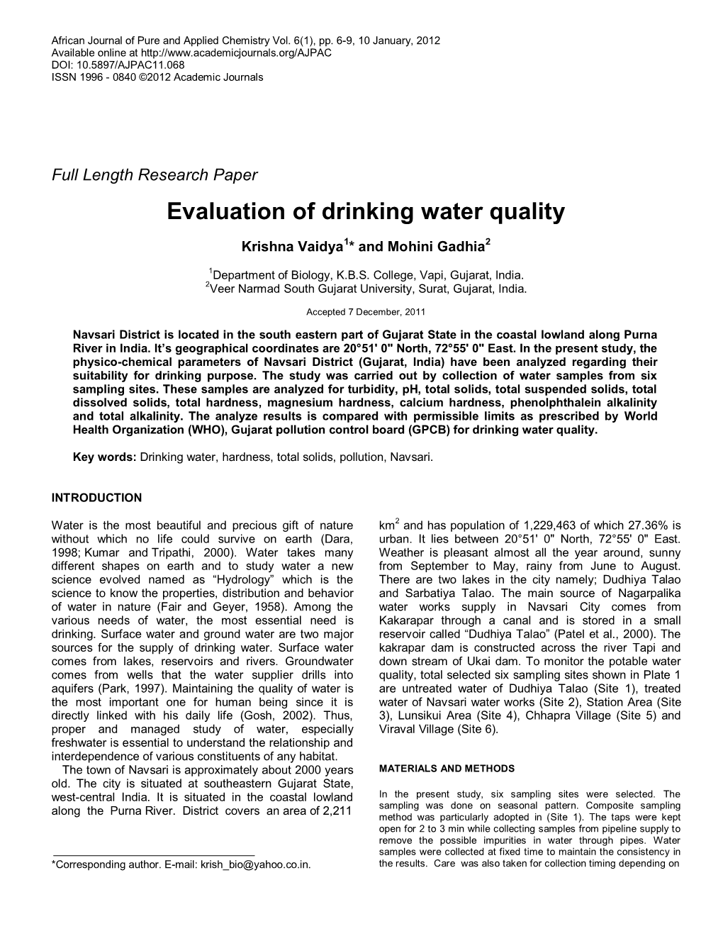 Evaluation of Drinking Water Quality