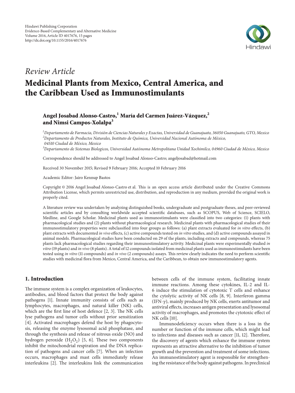 Review Article Medicinal Plants from Mexico, Central America, and the Caribbean Used As Immunostimulants