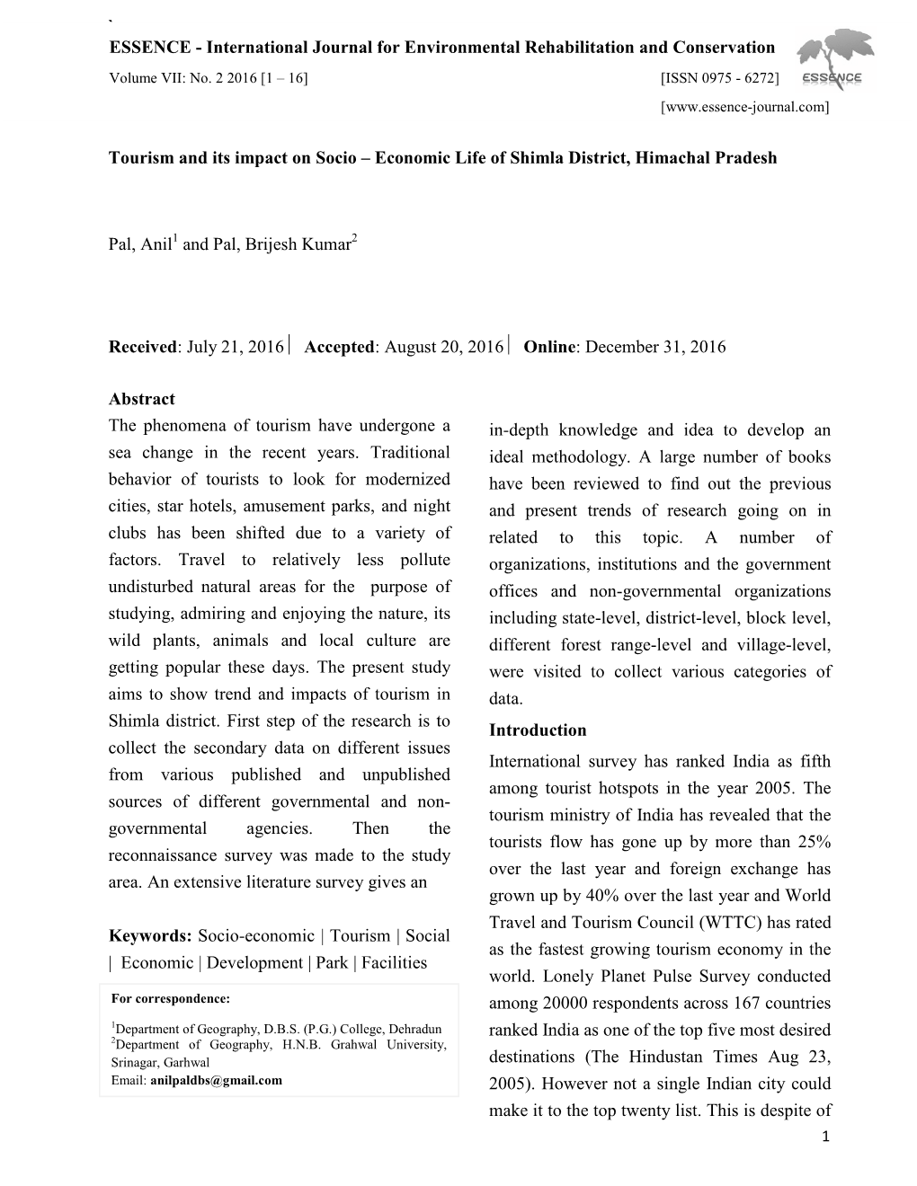 Tourism and Its Impact on Socio – Economic Life of Shimla District, Himachal Pradesh