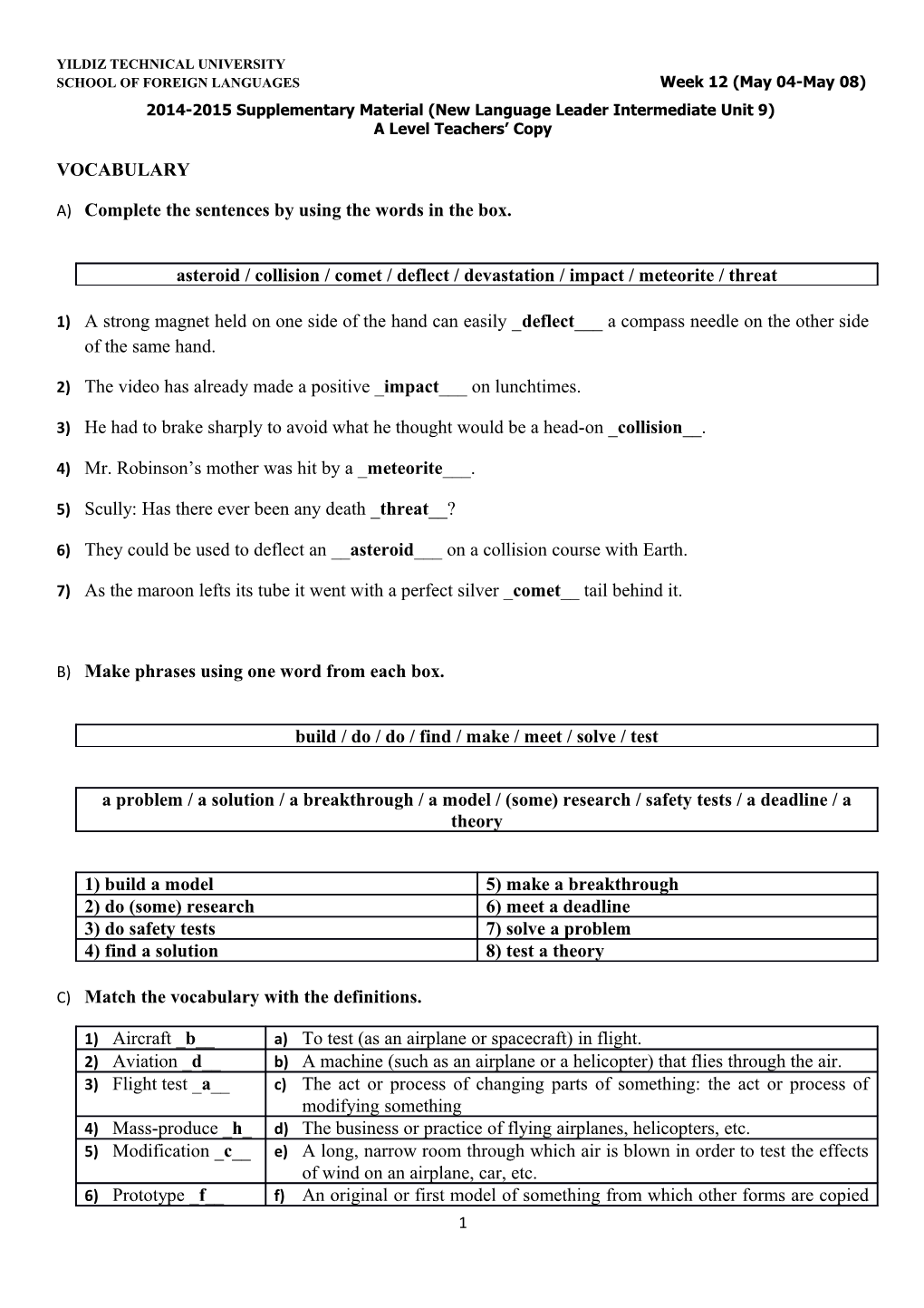 2014-2015 Supplementary Material (New Language Leader Intermediate Unit 9)