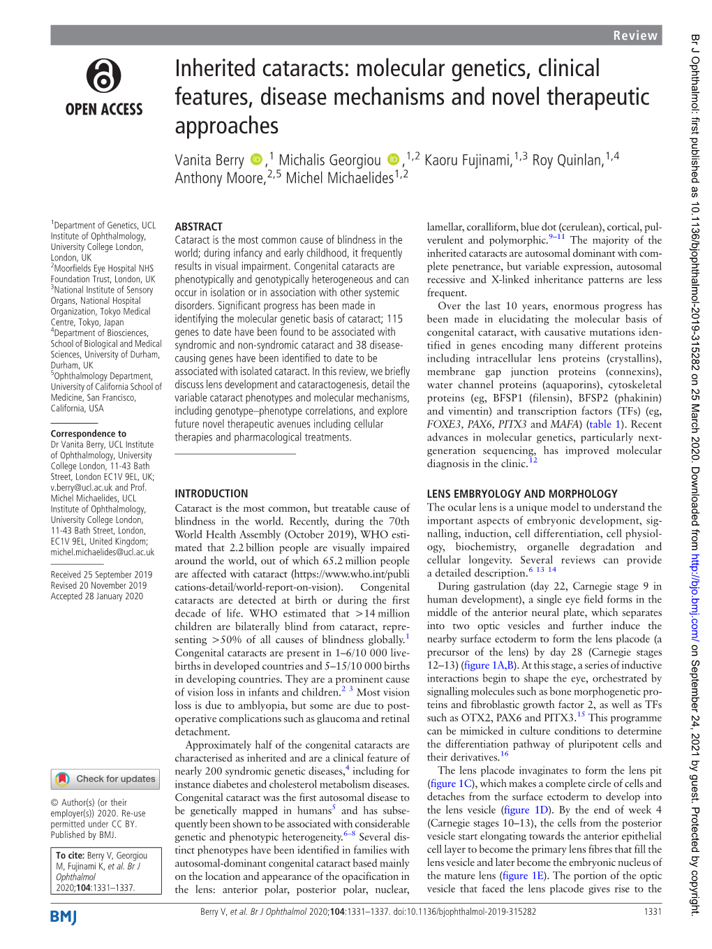 Inherited Cataracts: Molecular Genetics, Clinical Features, Disease