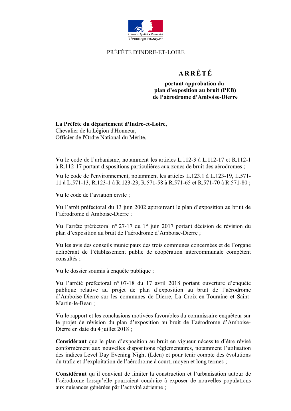 ARRÊTÉ Portant Approbation Du Plan D’Exposition Au Bruit (PEB) De L’Aérodrome D’Amboise-Dierre