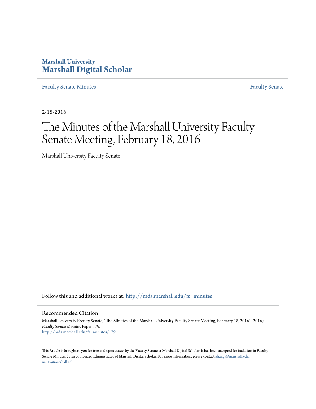 The Minutes of the Marshall University Faculty Senate Meeting, February
