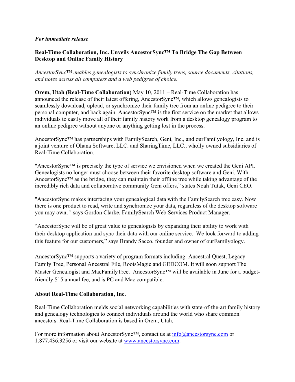 For Immediate Release Real-Time Collaboration, Inc. Unveils