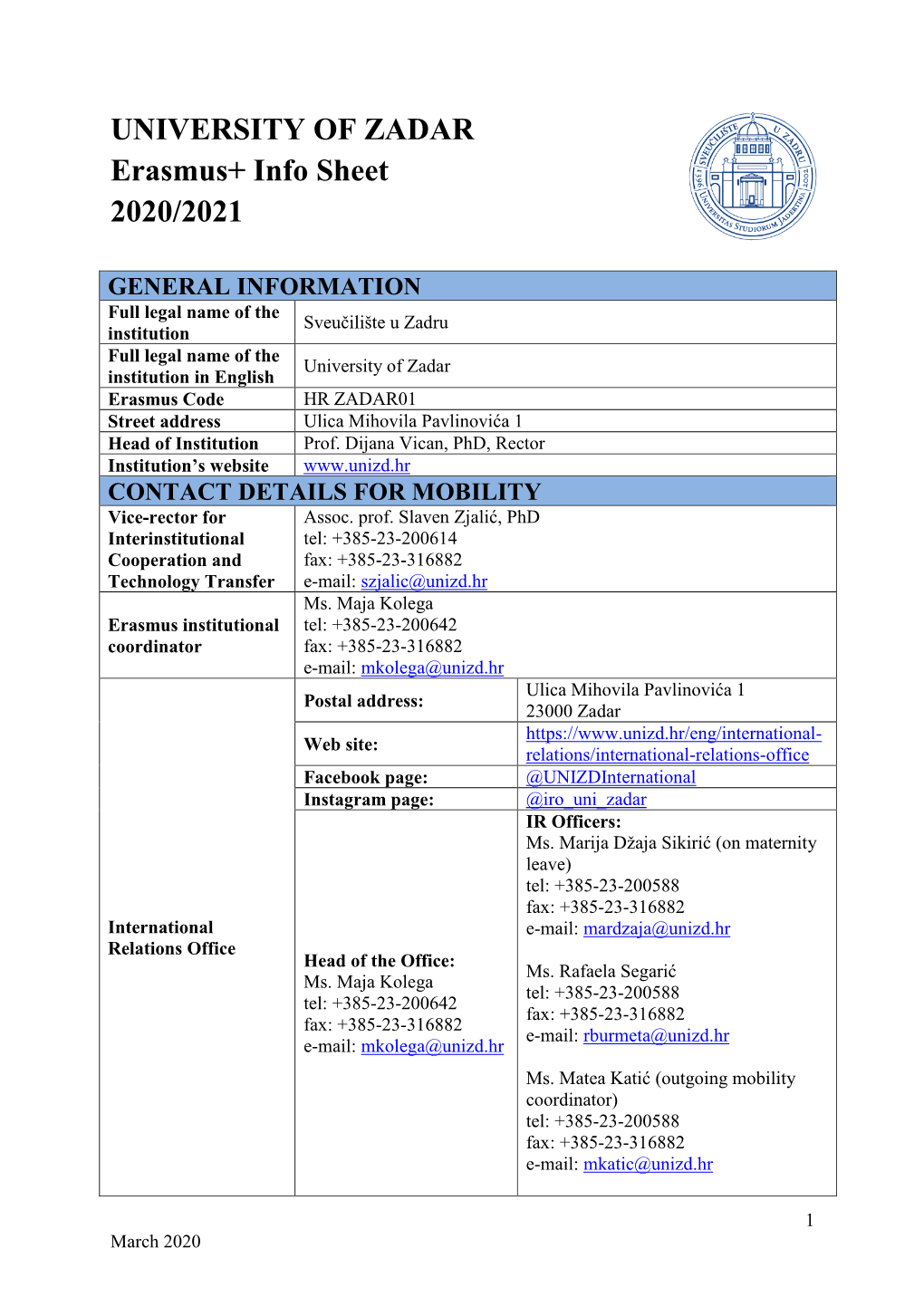 UNIVERSITY of ZADAR Erasmus+ Info Sheet 2020/2021