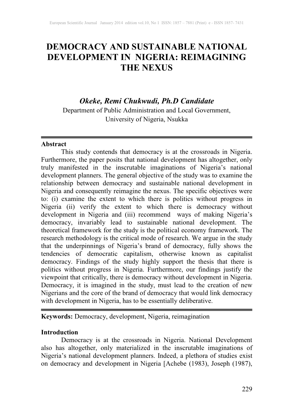 Democracy and Sustainable National Development in Nigeria: Reimagining the Nexus