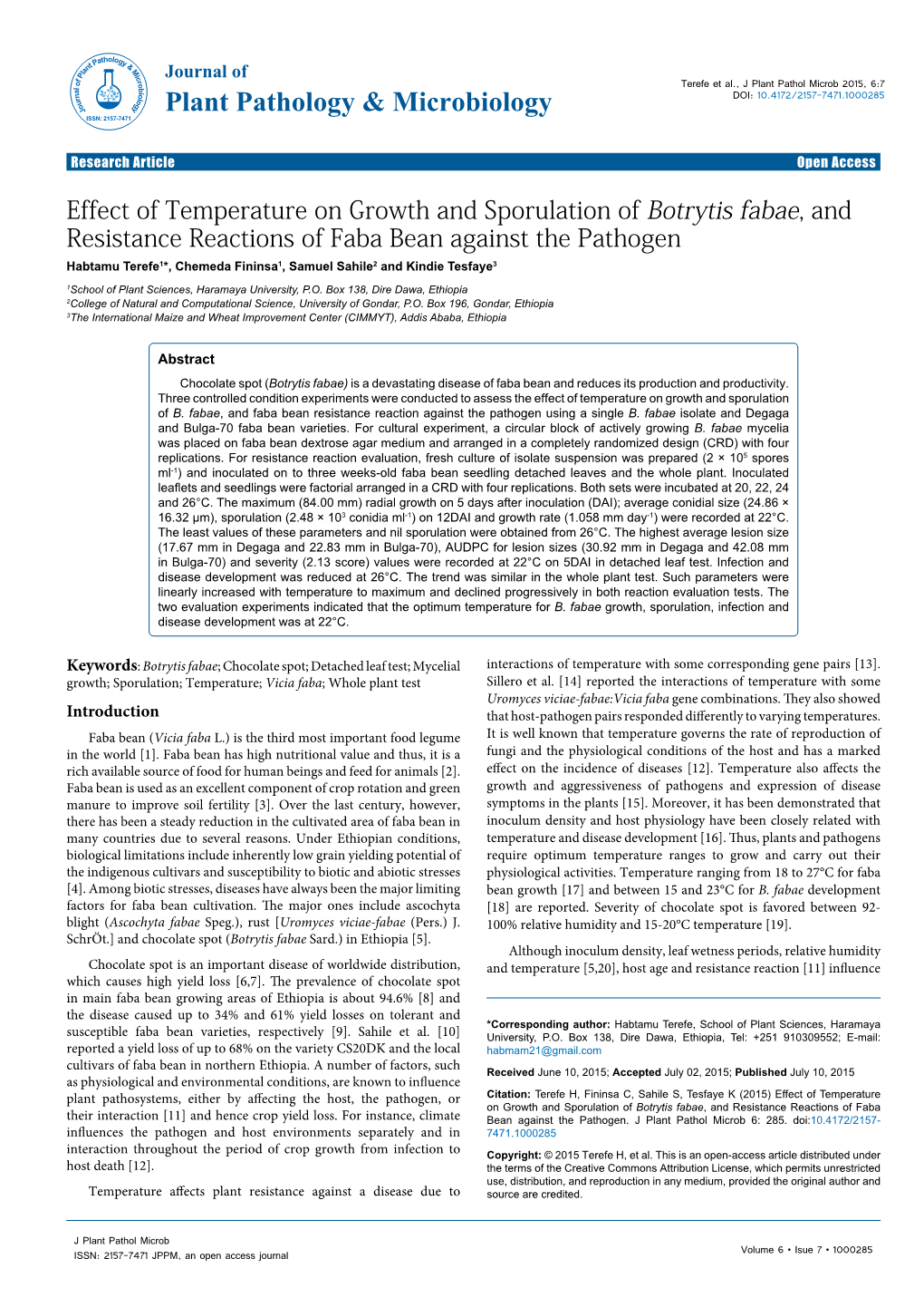 Effect of Temperature on Growth and Sporulation of Botrytis Fabae, And