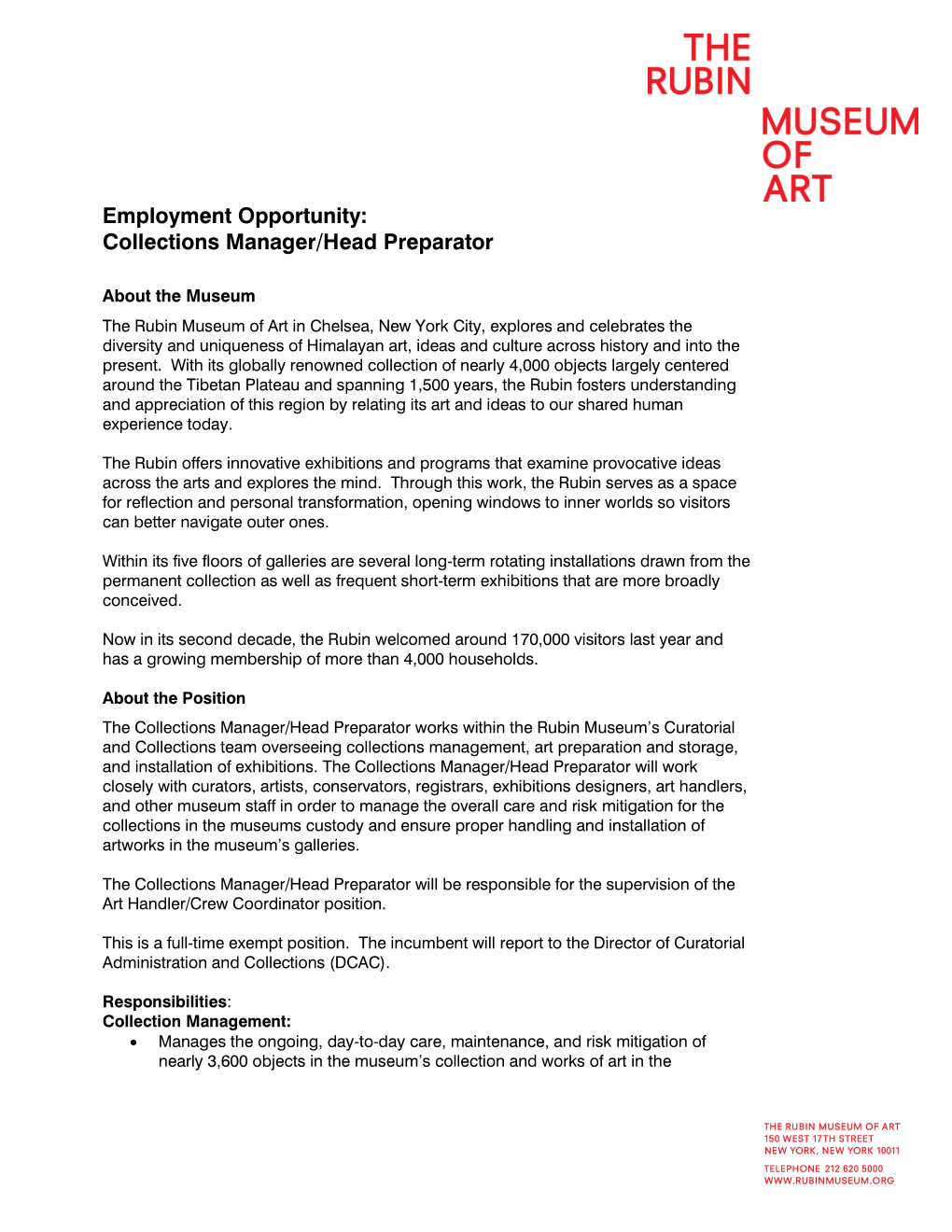 Employment Opportunity: Collections Manager/Head Preparator