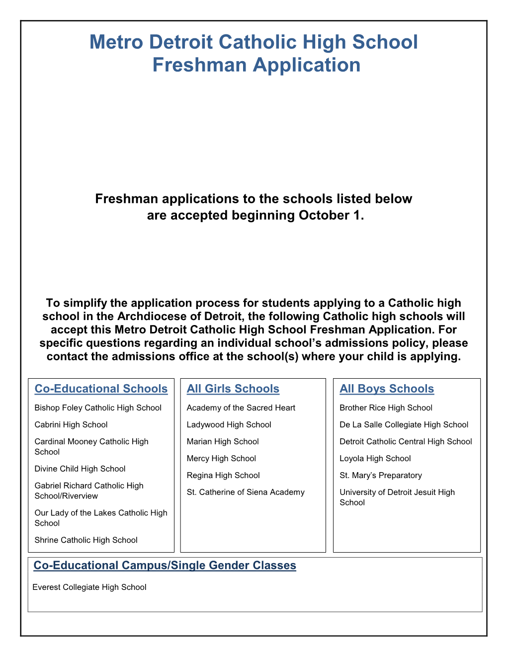 Metro Detroit Catholic High School Freshman Application