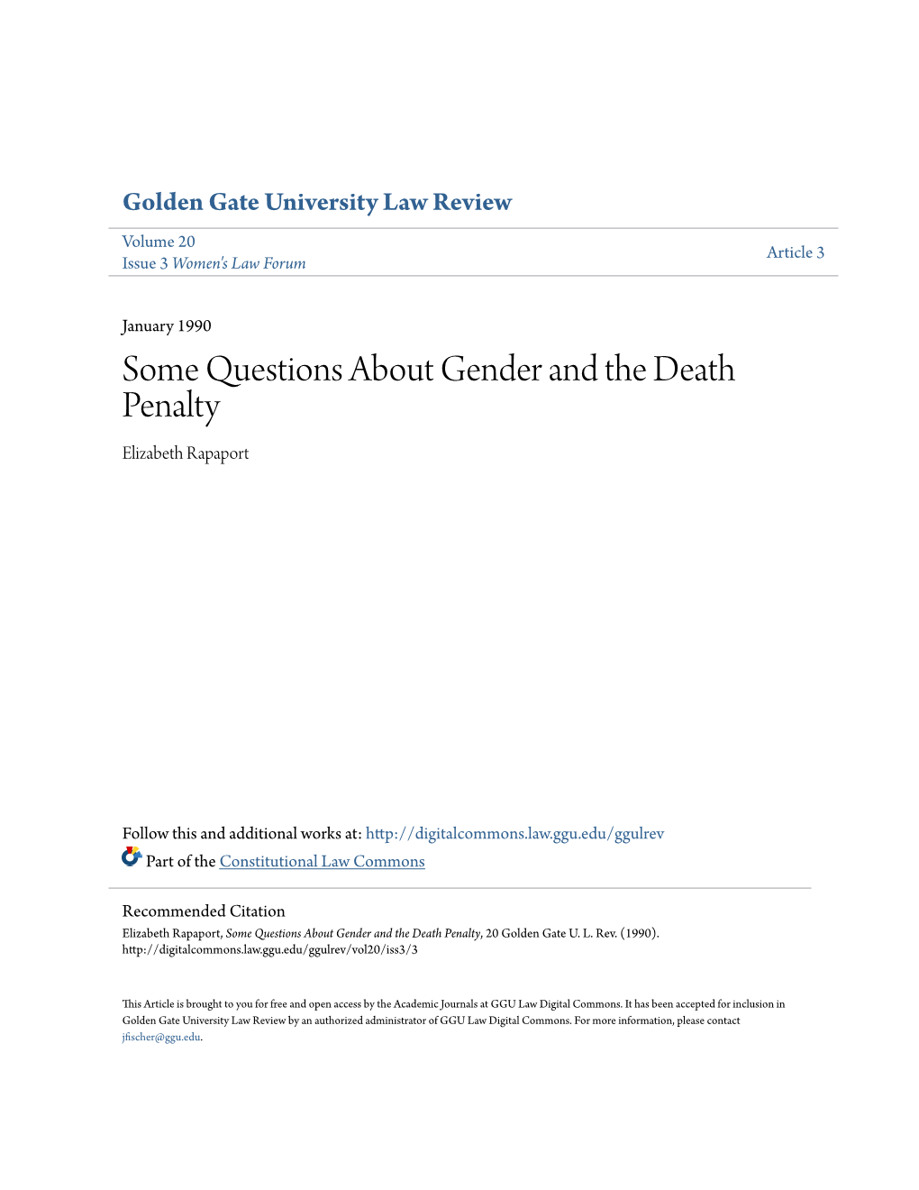 Some Questions About Gender and the Death Penalty Elizabeth Rapaport