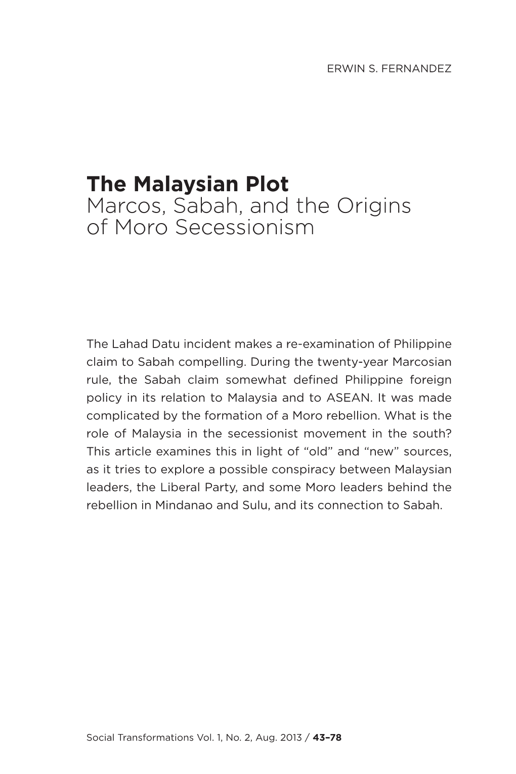 The Malaysian Plot Marcos, Sabah, and the Origins of Moro Secessionism
