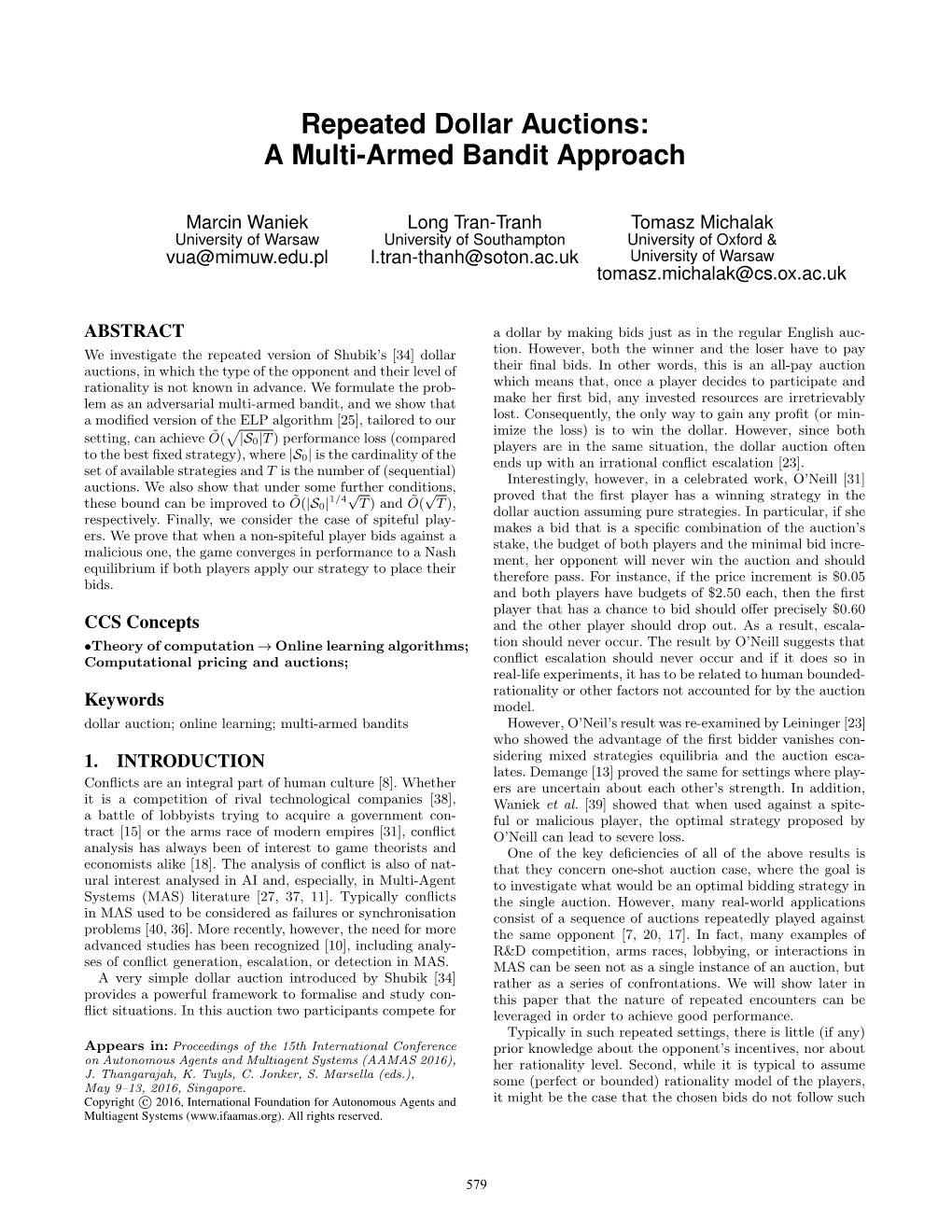 Paper ~ Repeated Dollar Auctions: a Multi-Armed Bandit Approach