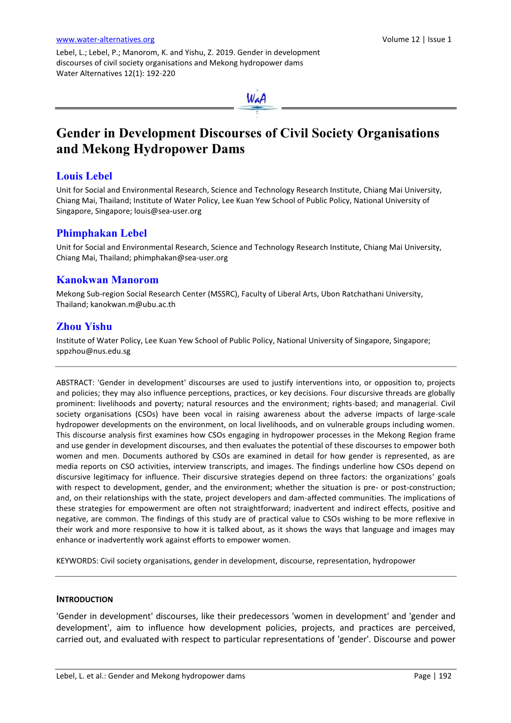 Gender in Development Discourses of Civil Society Organisations and Mekong Hydropower Dams Water Alternatives 12(1): 192-220