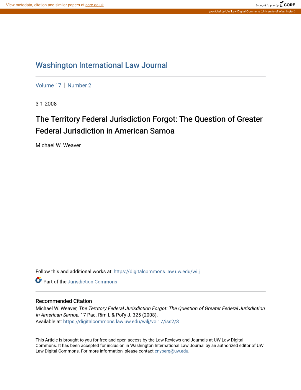 The Question of Greater Federal Jurisdiction in American Samoa