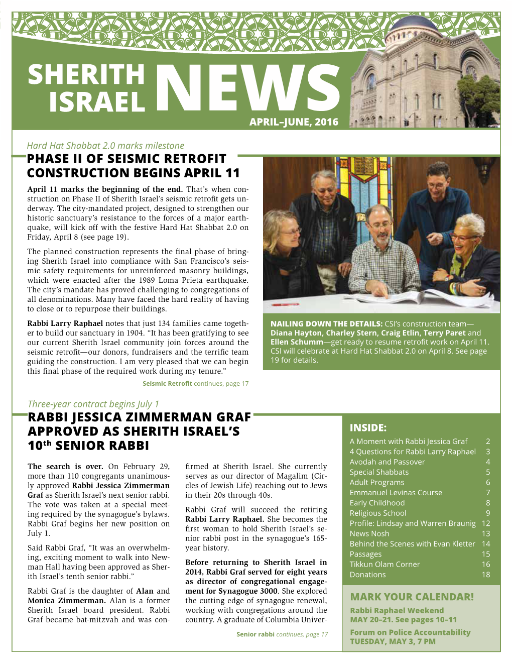 Sherith Israel Newsapril–June, 2016