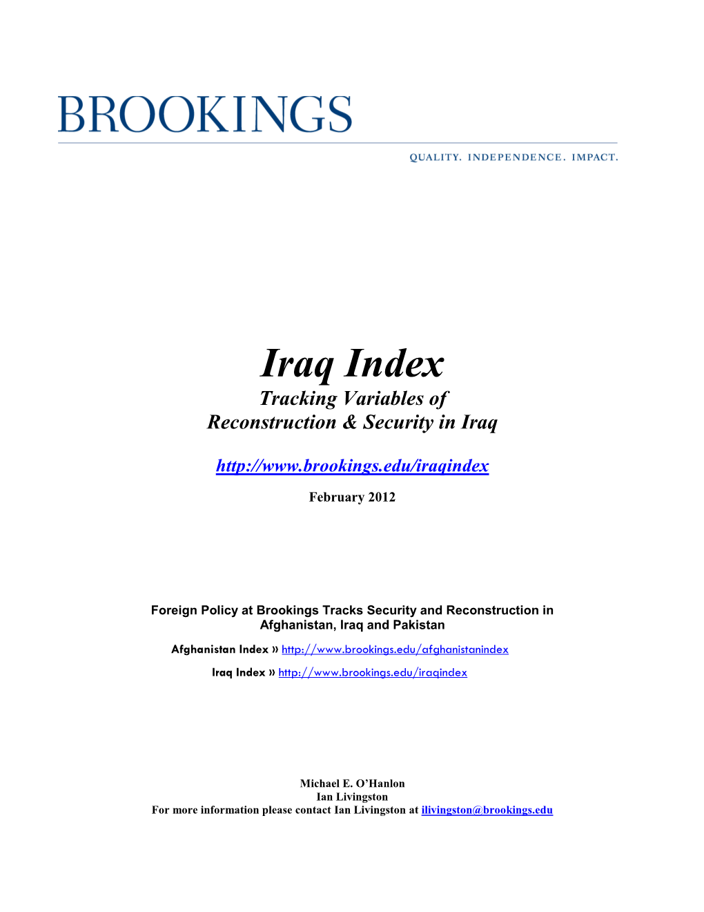 Iraq Index Tracking Variables of Reconstruction & Security in Iraq