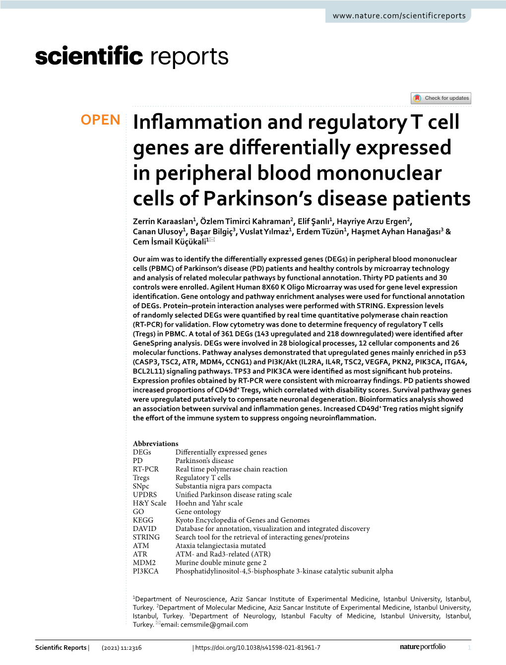 Inflammation and Regulatory T Cell Genes Are Differentially Expressed in Peripheral Blood Mononuclear Cells of Parkinson's