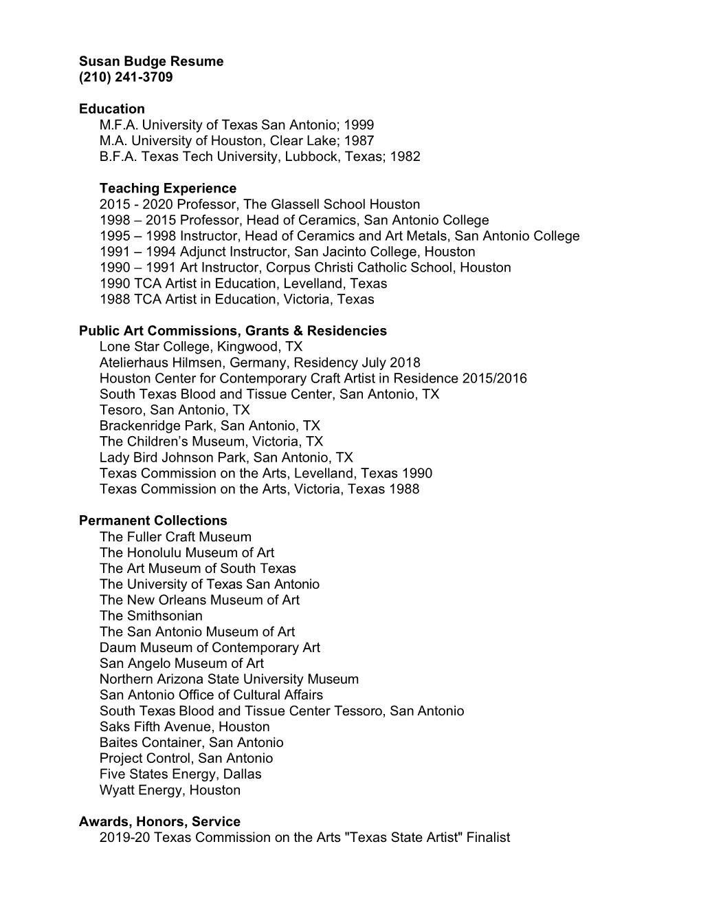 Susan Budge Resume (210) 241-3709 Education MFA University Of