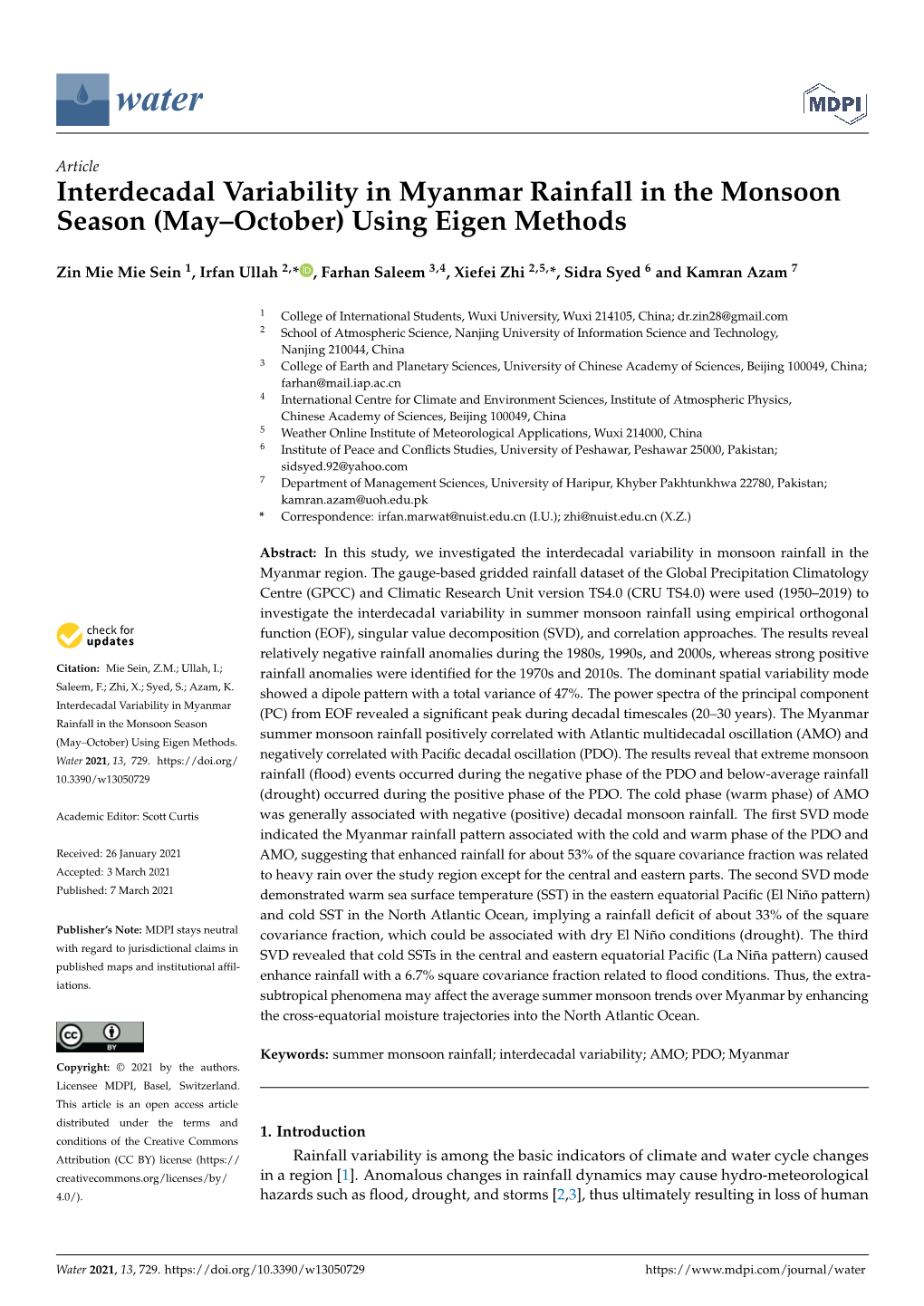 Interdecadal Variability in Myanmar Rainfall in the Monsoon Season (May–October) Using Eigen Methods