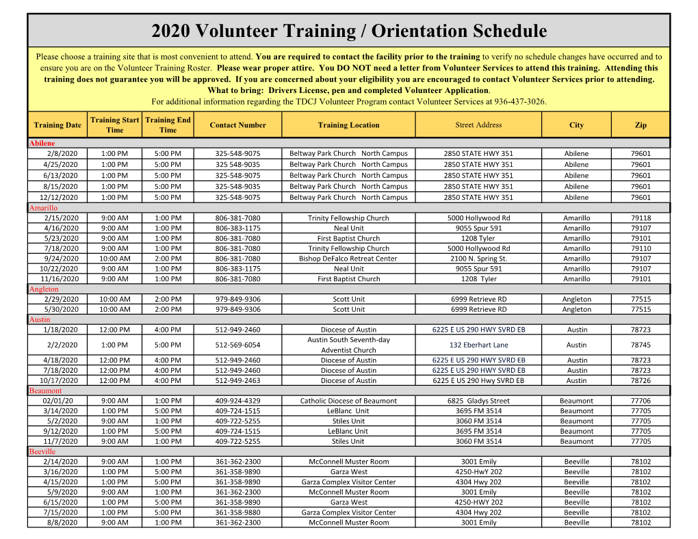 2020 Volunteer Training / Orientation Schedule