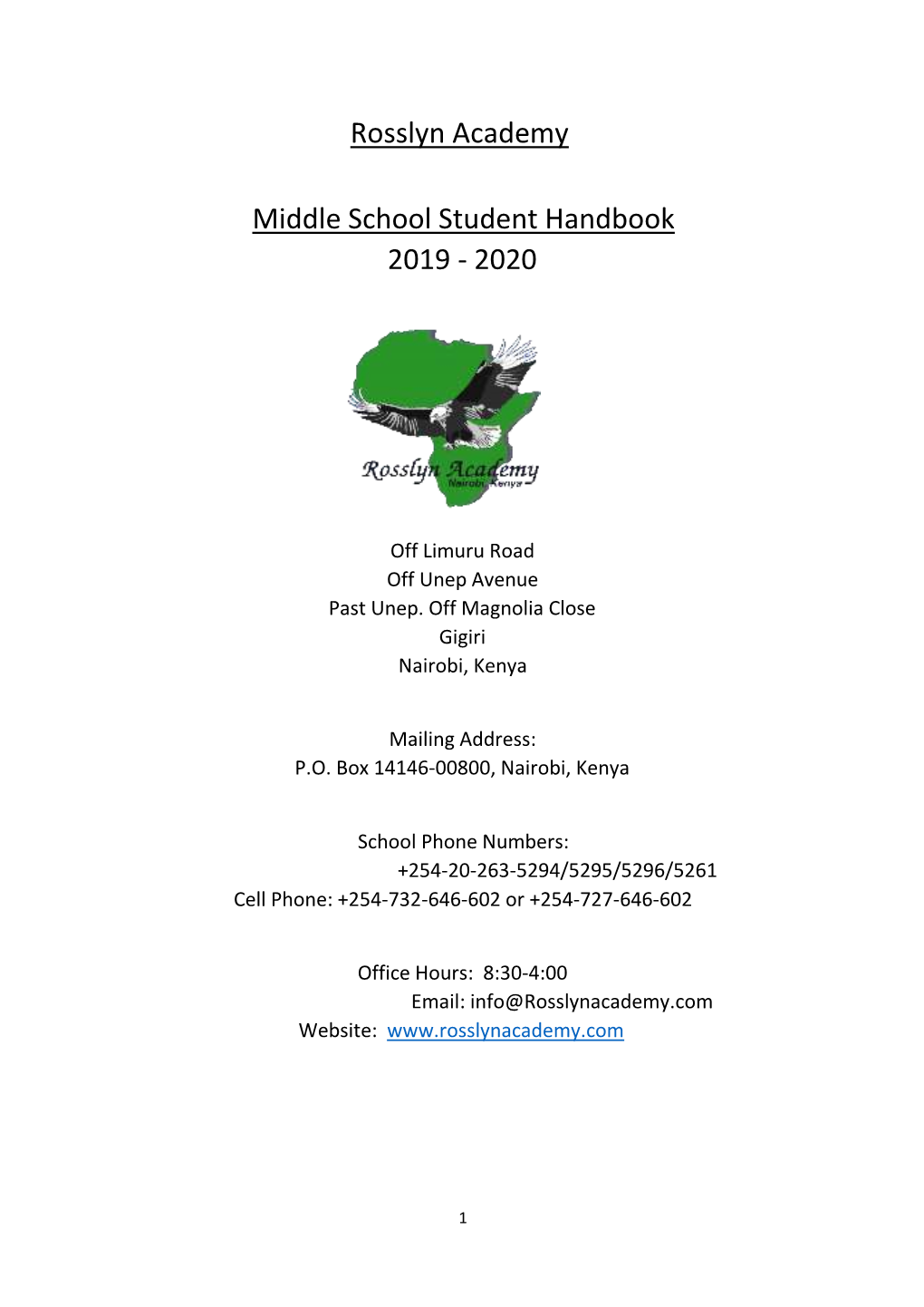Rosslyn Academy Middle School Student Handbook 2019