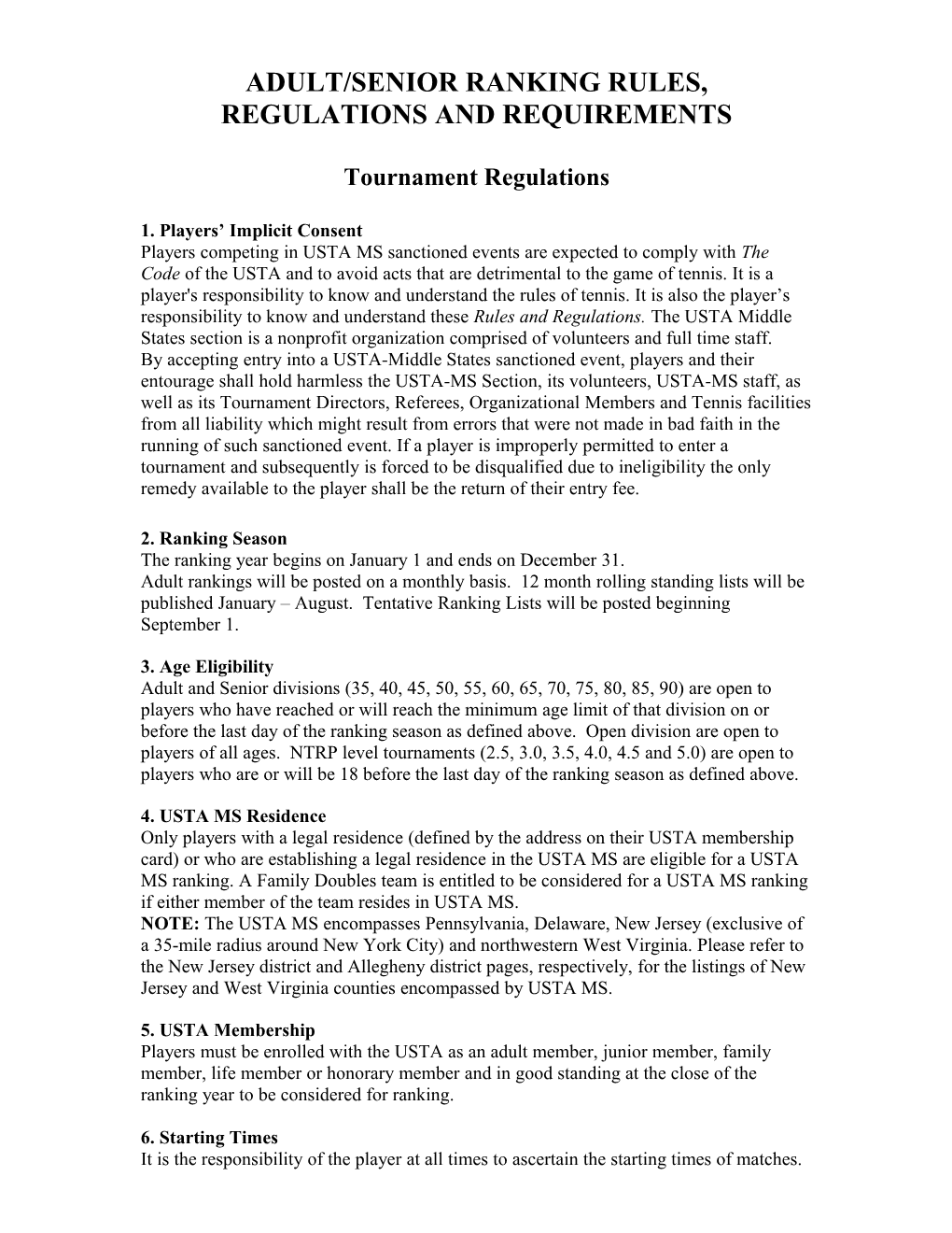 Adult/Senior Ranking Rules, Regulations And Requirements