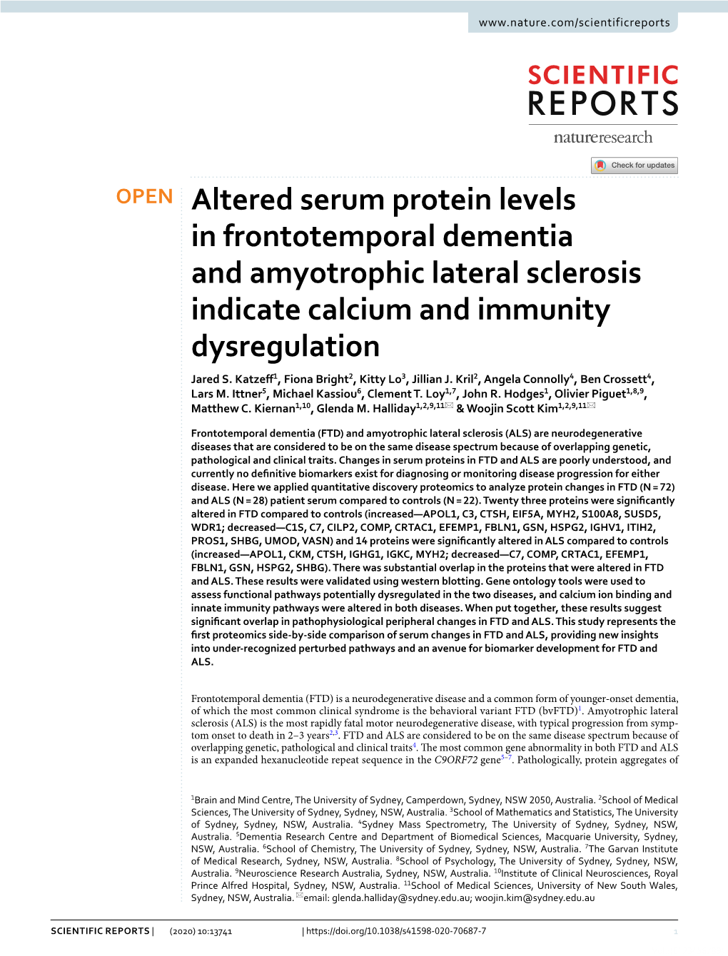 Altered Serum Protein Levels in Frontotemporal Dementia and Amyotrophic Lateral Sclerosis Indicate Calcium and Immunity Dysregulation Jared S