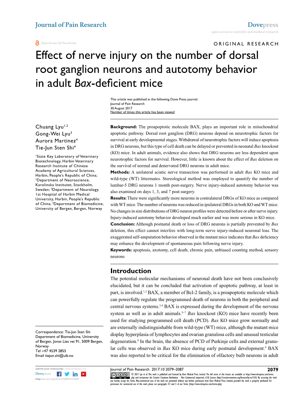 Effect of Nerve Injury on the Number of Dorsal Root Ganglion Neurons and Autotomy Behavior in Adult Bax-Deficient Mice