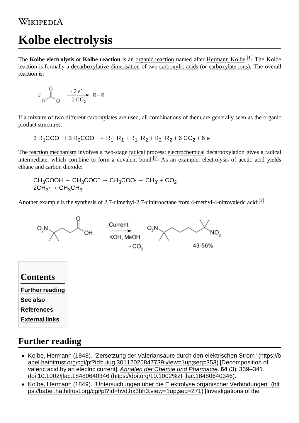 Kolbe Electrolysis