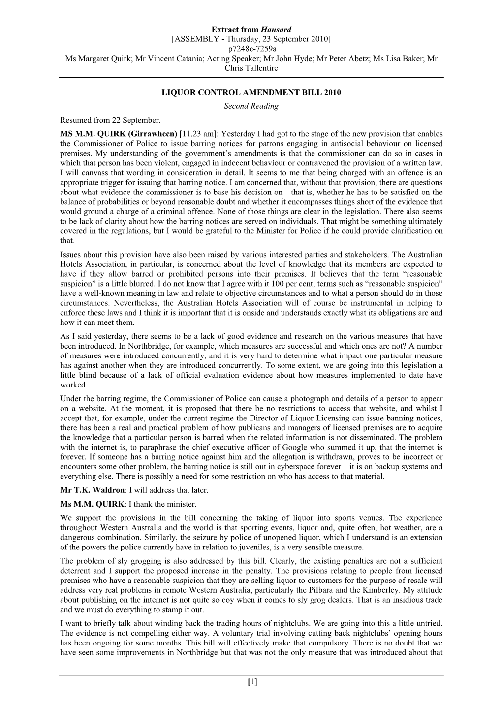 P7248c-7259A Ms Margaret Quirk; Mr Vincent Catania; Acting Speaker; Mr John Hyde; Mr Peter Abetz; Ms Lisa Baker; Mr Chris Tallentire
