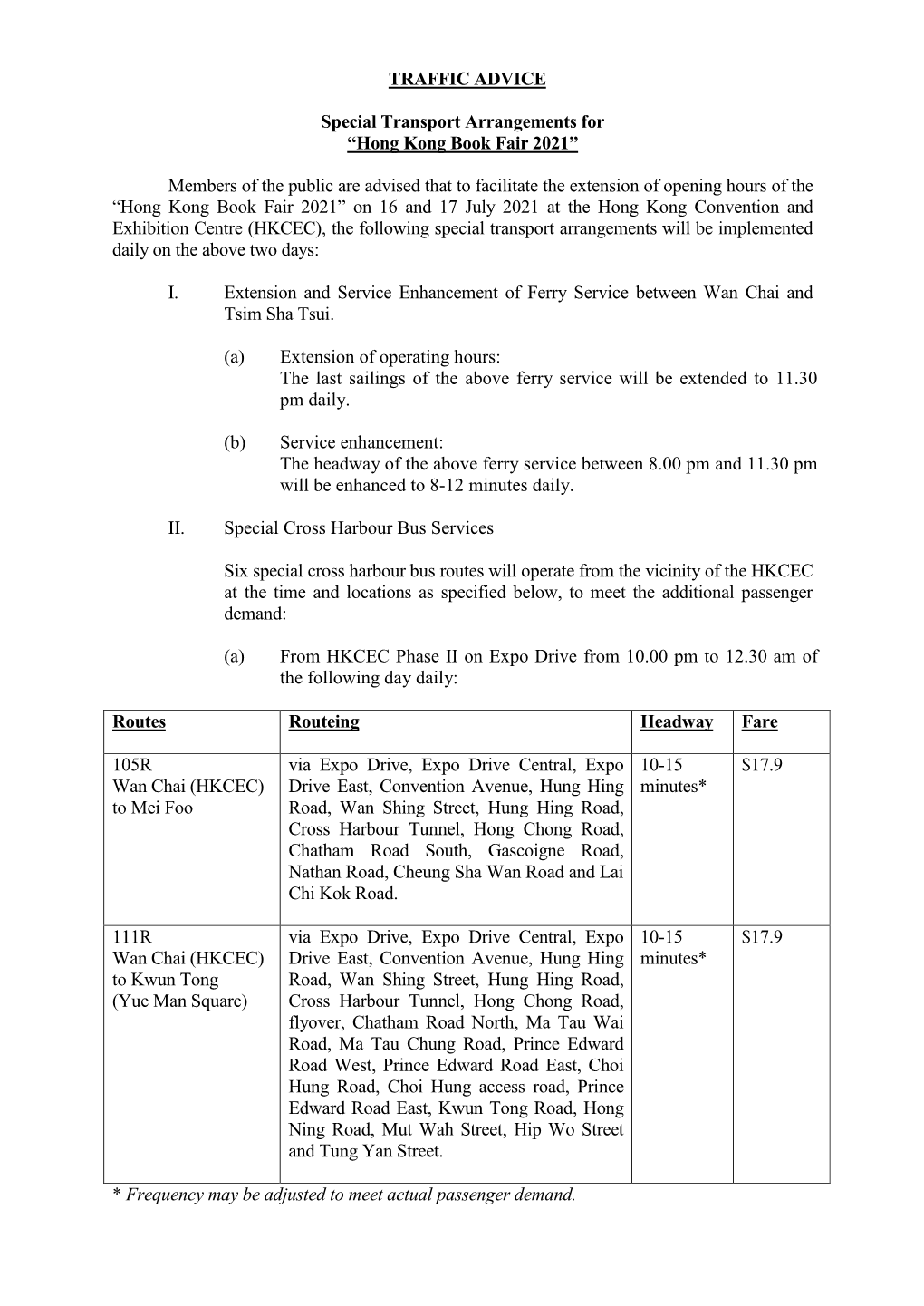 Special Transport Arrangements For"Hong Kong Book Fair 2021"