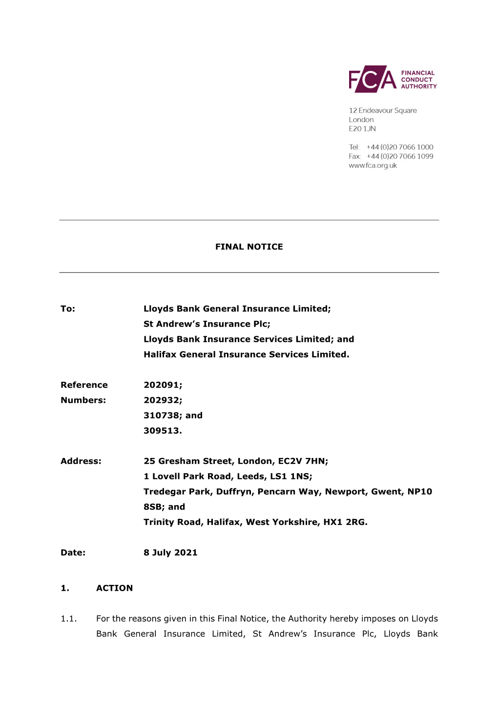 Final Notice 2021:Lloyds Bank General Insurance Limited, St