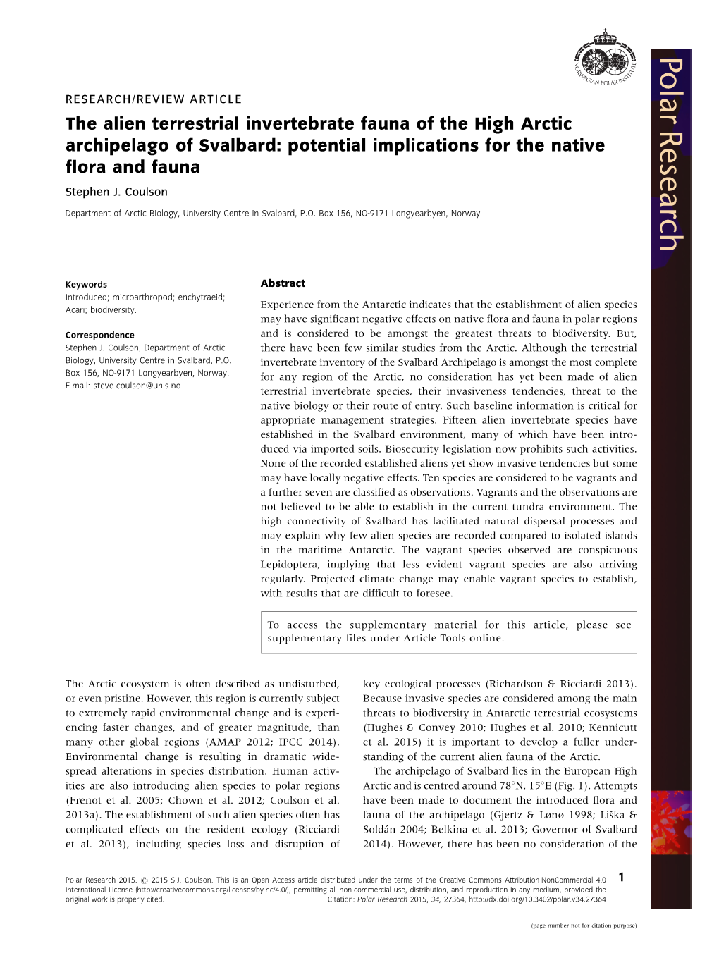 The Alien Terrestrial Invertebrate Fauna of the High Arctic Archipelago of Svalbard: Potential Implications for the Native Flora and Fauna Stephen J