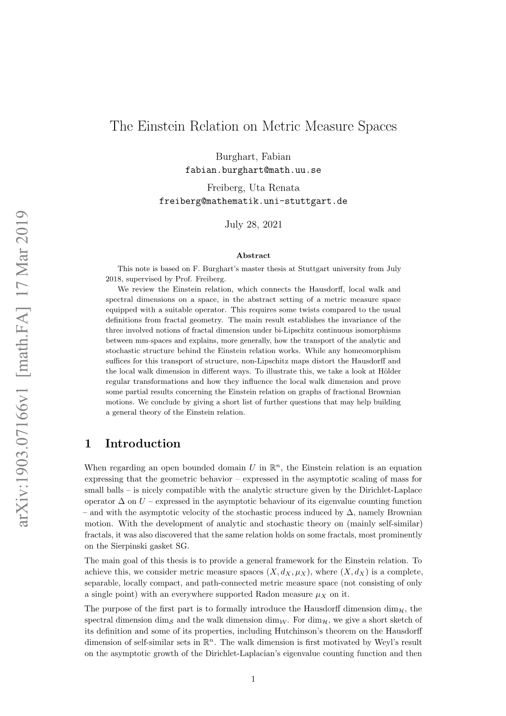 The Einstein Relation on Metric Measure Spaces