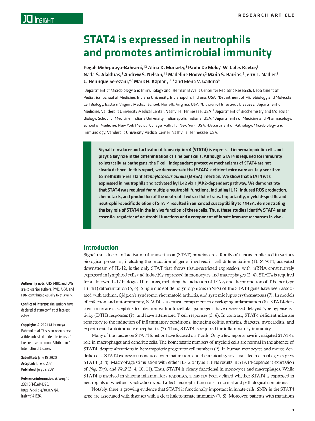 STAT4 Is Expressed in Neutrophils and Promotes Antimicrobial Immunity Pegah Mehrpouya-Bahrami1,2#, Alina Moriarty3#, Paulo De Me