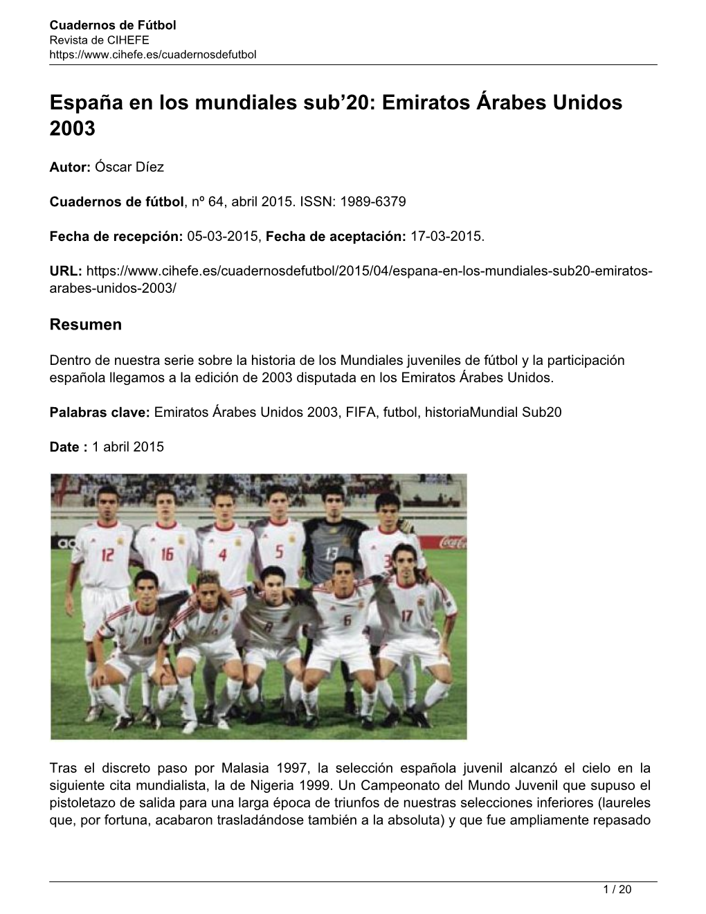 España En Los Mundiales Sub'20: Emiratos Árabes Unidos 2003