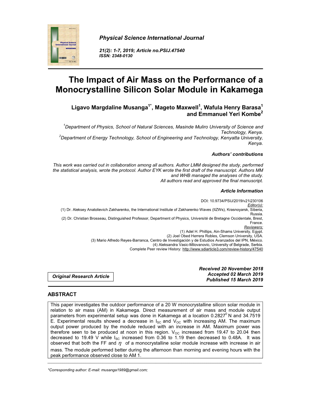 The Impact of Air Mass on the Performance of a Monocrystalline Silicon Solar Module in Kakamega