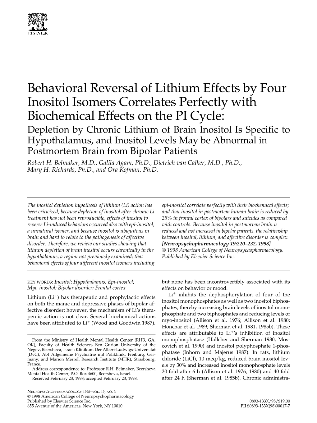 Behavioral Reversal of Lithium Effects by Four Inositol Isomers Correlates
